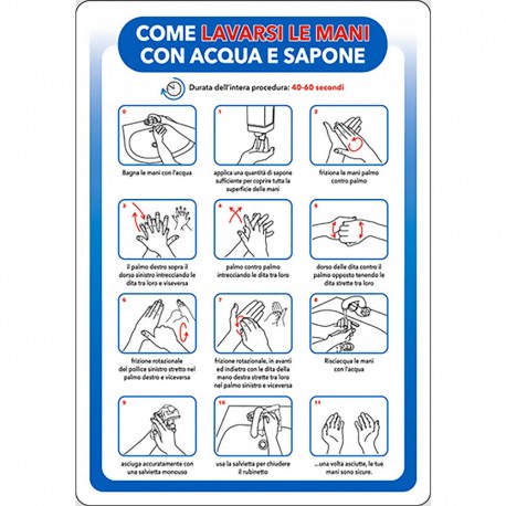 CARTELLO 'COME LAVARSI LE MANI CON ACQUA E SAPONE' cm 20 x 30 - alluminio (PZ 1)