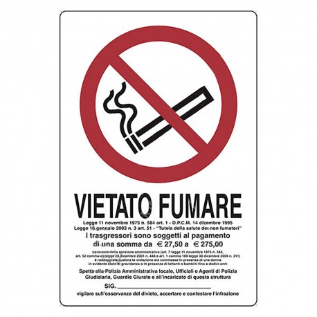 CARTELLO SEGNALETICA VIETATO FUMARE - LEGGE 11 NOVEMBRE 1975, N. 584 (PZ 1)