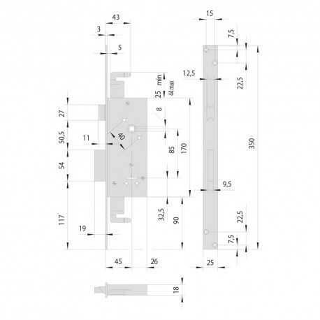 SERRATURA A DOPPIA MAPPA DA INFILARE PER FASCIA PER LEGNO ART. 57215 E 45 (PZ 1)