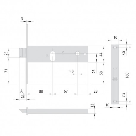 SERRATURA DA INFILARE STRETTA PER FASCIA PER ALLUMINIO ART. 44150/44151 44151 E80 fr.mm 20/int.mm 67 (PZ 1)