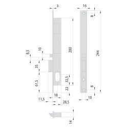 SERRATURA ELETTRICA DA INFILARE PER MONTANTI ALLUMINIO ART. 14020 - 14021 E18 DX -front.mm 20 scrocco autobl. (PZ 1)