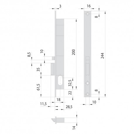 SERRATURA ELETTRICA DA INFILARE PER MONTANTI ALLUMINIO ART. 14020 - 14021 E18 DX -front.mm 20 scrocco autobl. (PZ 1)