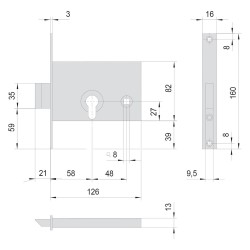 SERRATURA DA INFILARE PER ALLUMINIO ART. 44145 E58 front.mm 16 / inter.mm 48 (PZ 1)