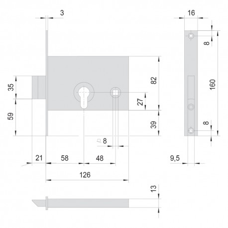 SERRATURA DA INFILARE PER ALLUMINIO ART. 44145 E58 front.mm 16 / inter.mm 48 (PZ 1)