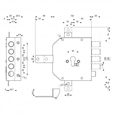SERRATURA DA APPLICARE TRIPLICE PER CILINDRO EUROPEO ART.620 Dx E 63 - mm 132 x 146 (PZ 1)